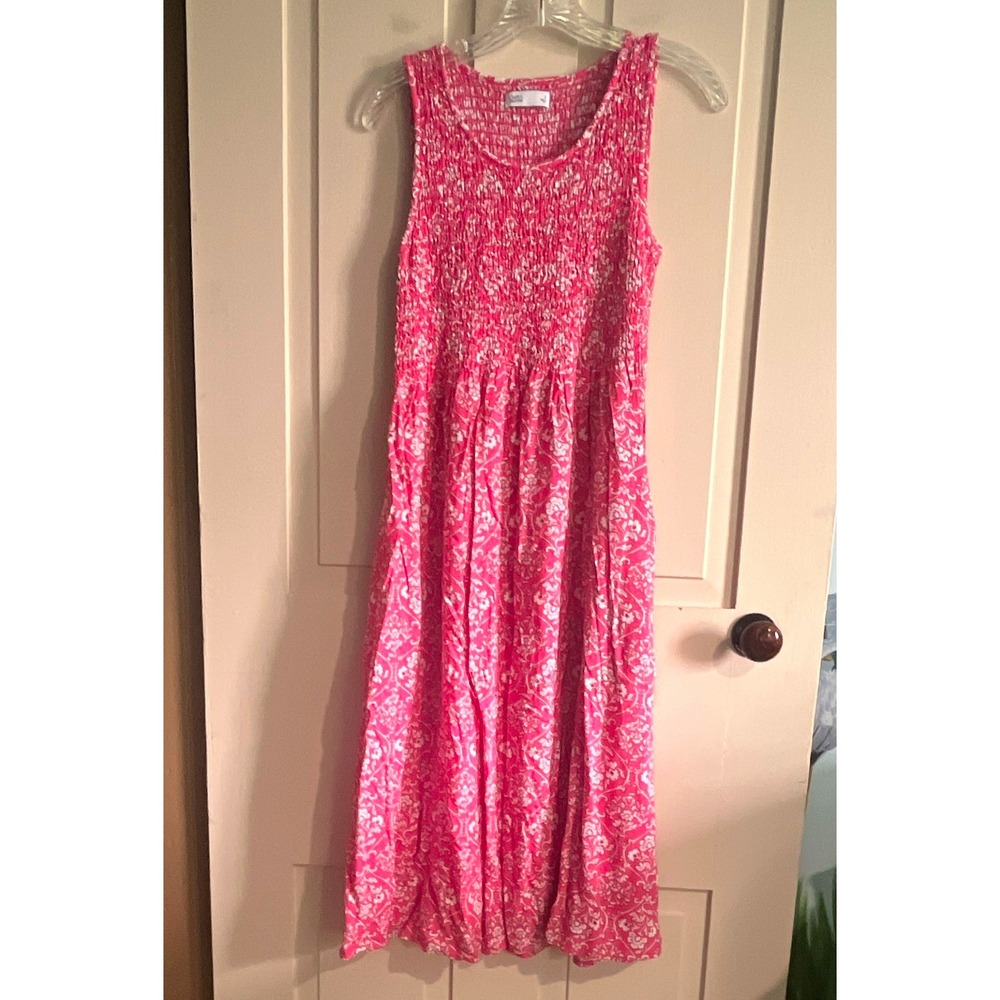 Croft & Barrow Pink White Floral Smocked Stretch Midi A-Line Dress Womens S